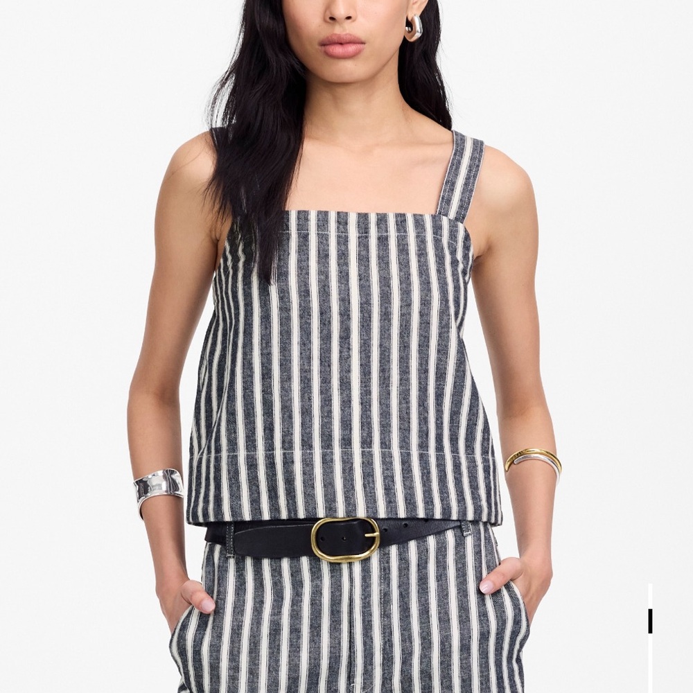 Madewell square neck top in linen blend navy white stripe wide straps size M